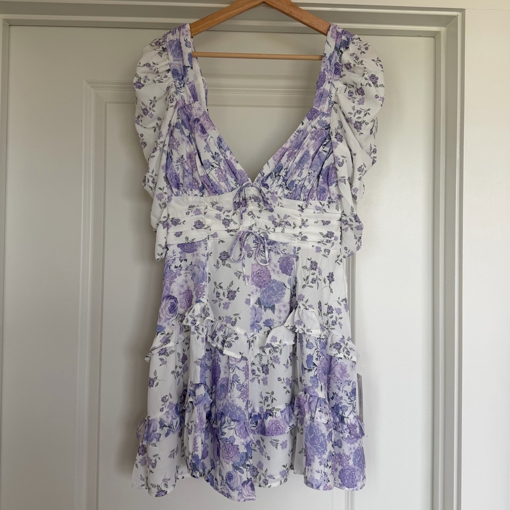 For Love and Lemons Rosalyn Mini Dress Lavender Floral Ruffle Dress Size Small - Picture 6 of 11